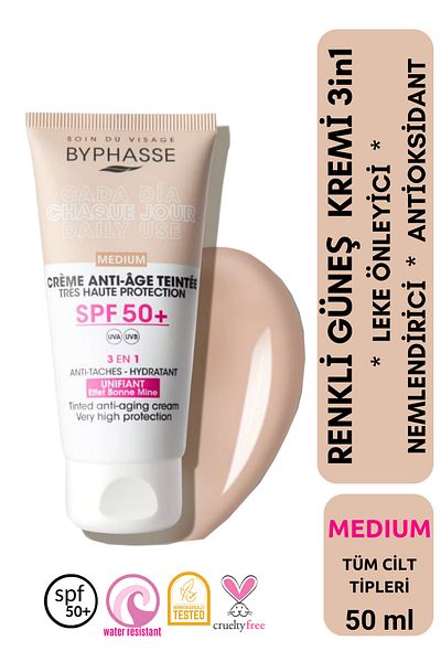 BYPHASSE Anti-Aging Colored Liquid Sunscreen Medium Color - New Generation Hybrid Formula with Sun Filter 50ml