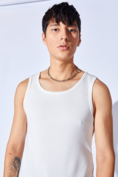 MAN EDITION Ecru Halter Collar Ribbed Luxury Quality Men's Lycra Tank Top | Ee 1000310055