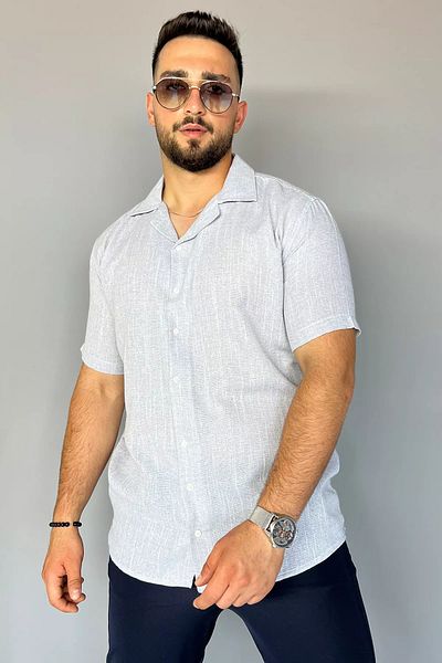 MİSHAR İTALİA Ανοιχτό γκρι Slim Fit λινό πουκάμισο με σχέδιο
