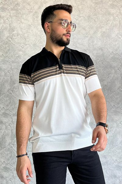 MİSHAR İTALİA Black and White Polo Collar Half Zipper Men's Short Sleeve Knitwear T-Shirt