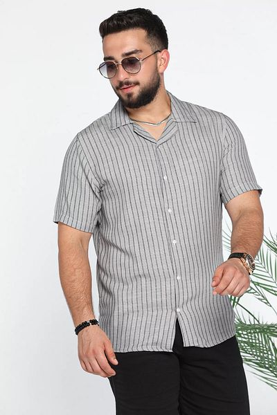 MİSHAR İTALİA Γκρι Slim Fit ριγέ λινό πουκάμισο