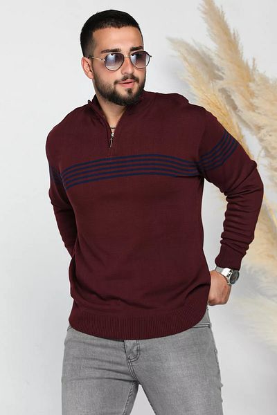 MİSHAR İTALİA Claret Red Men's Half Fisherman Zippered Striped Knitwear Sweater