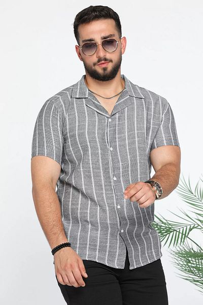 MİSHAR İTALİA Ανθρακί Slim Fit ριγέ λινό πουκάμισο