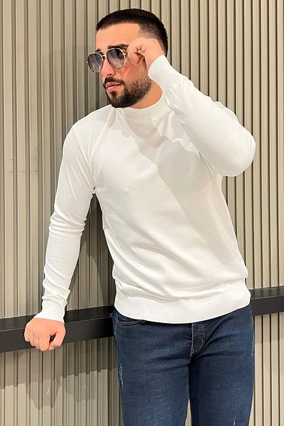 MİSHAR İTALİA Λευκό ανδρικό πλεκτό πουλόβερ μισό ψαρά