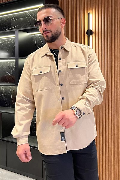 MİSHAR İTALİA Μπεζ μπροστινό κουμπωτό τζιν ανδρικό πουκάμισο