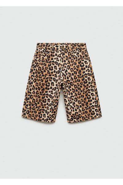MANGO Woman Denim Bermuda Shorts with Leopard Print