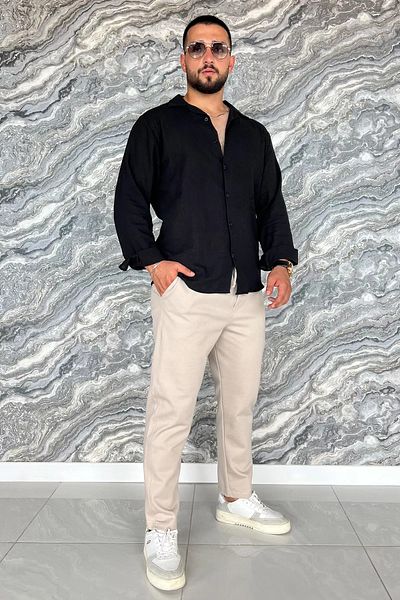 MİSHAR İTALİA Μπεζ ανδρικό παντελόνι Jogger με διπλό πρόσωπο με ίσιο πόδι διπλό φλετό τσέπη