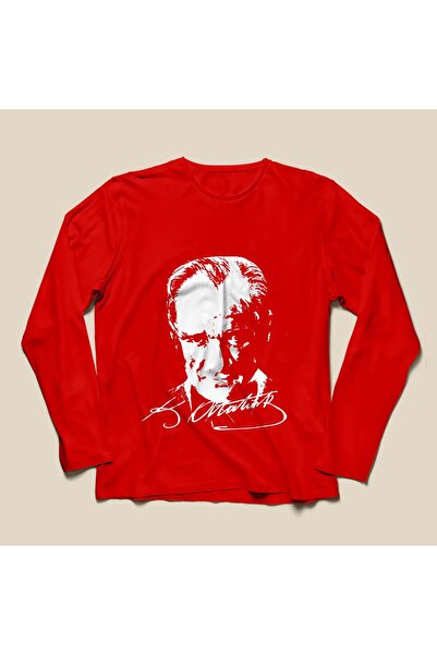 SINIF SEPETİ Atatürk Baskılı Tişört - Kırmızı - Uzun Kollu