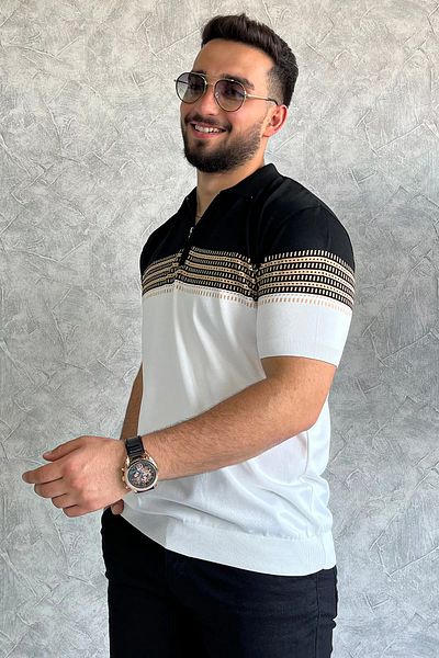 MİSHAR İTALİA Black and White Polo Collar Half Zipper Men's Short Sleeve Knitwear T-Shirt