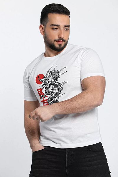MİSHAR İTALİA Tricou pentru bărbați cu decolteu rotund cu imprimeu Dragon alb