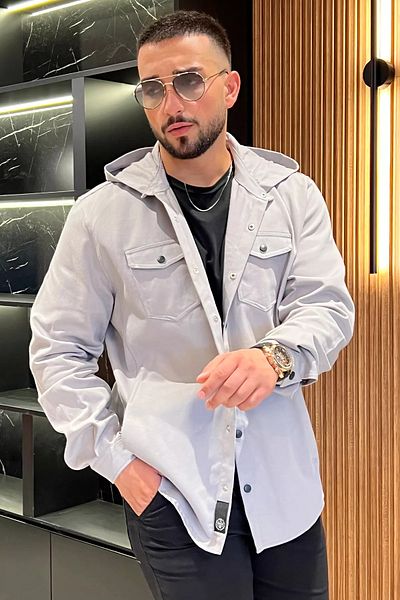 MİSHAR İTALİA Ανδρικό τζιν μπουφάν με γκρι κουκούλα μπροστά