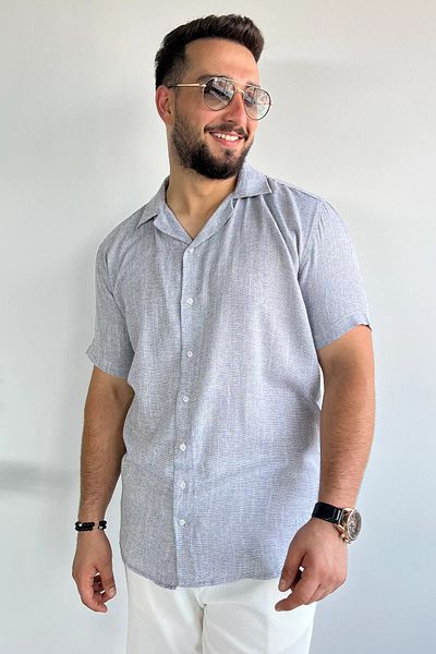 MİSHAR İTALİA Γκρι Slim Fit Λινό πουκάμισο με μοτίβο