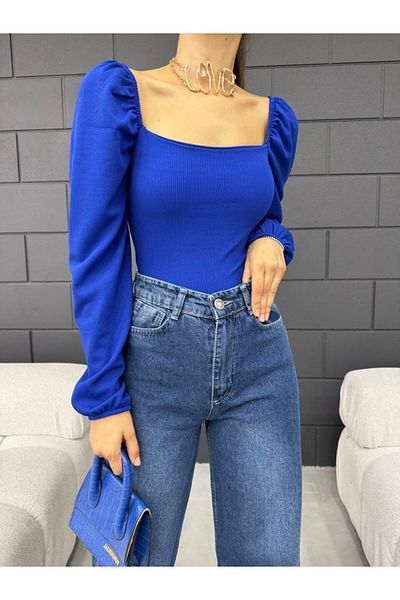 Fav Style Bluză de damă Saks Blue Balloon Sleeve Crop - Guler pătrat