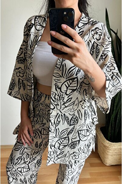Butik Keten Yaprak Desenli Kimono