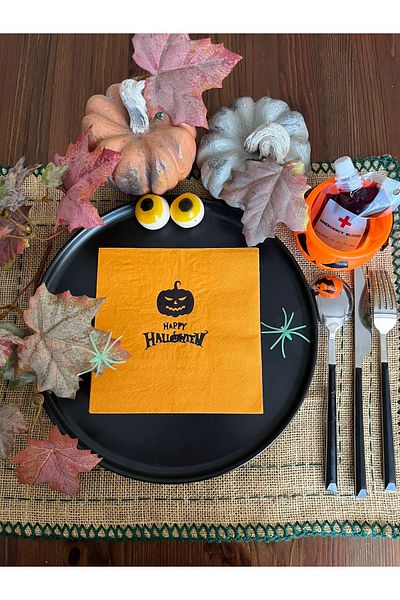 kidspartim Black Gilded Orange Happy Halloween Square Napkin 12 Pieces
