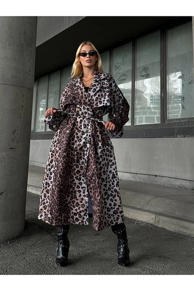 manana fashion Long Double-Breasted Leopard Belted Trench Coat