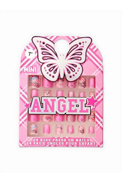 QUEEN AKSESUAR İthal çocuklara özel Angel kelebek prenses simli desenli süslü çocuk yapışkanlı takma tırnak seti