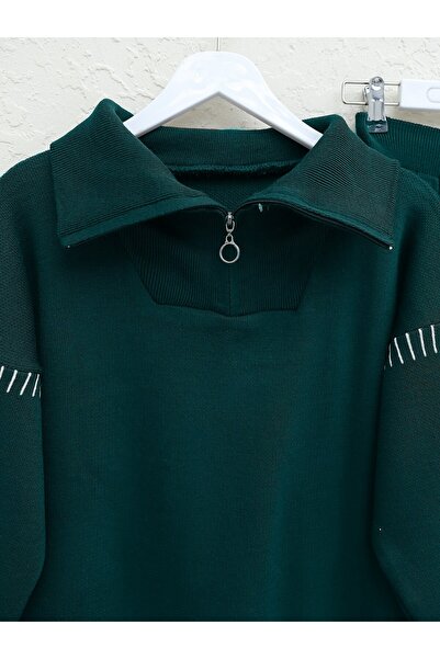 Modamorfo Striped Half Zippered Knitwear Set with Skirt and Sleeves