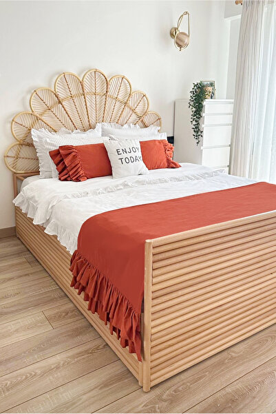 RİTMOHOME Bed Runner & Inner Filled Throw Pillow Set Double Size Frilly Cinnamon, Tile, Dowry, Bed Cover