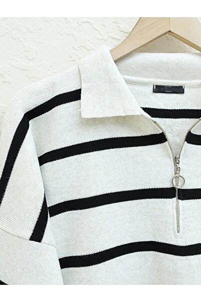 Modamorfo Polo Yaka Fermuarlı Triko Tunik -krem