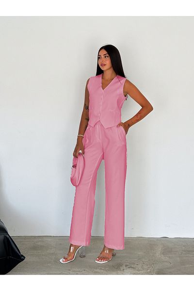 diaves Pink Modern V-Neck Suit - Vest and Palazzo Trousers