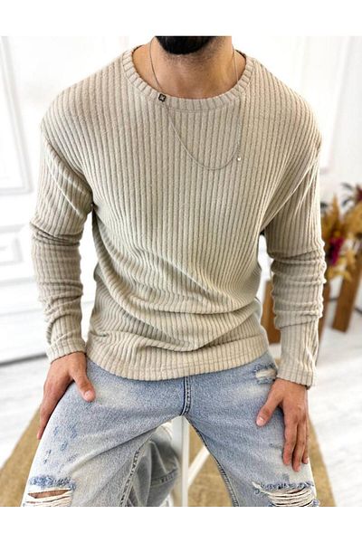 elkumoda Μακρυμάνικο μπλουζάκι με ραβδώσεις με λαιμόκοψη με απαλή υφή βαμβακερό πουλόβερ φούτερ