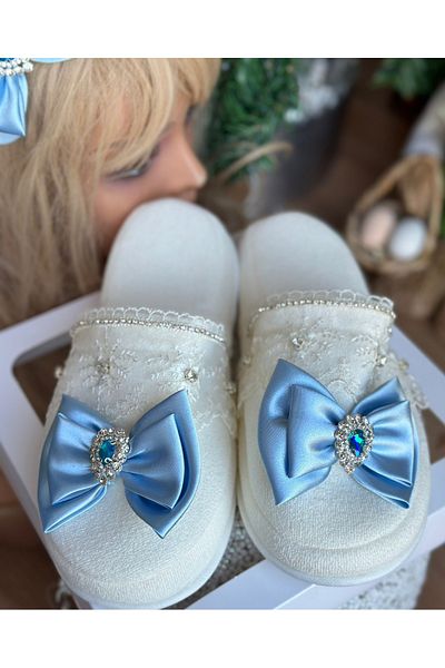 QUEEN AKSESUAR Luxury Design - Crystal Stoned Satin Brooch, Bow Mother and Dumb Mevlüt Hospital Slippers Set, Crown Blue