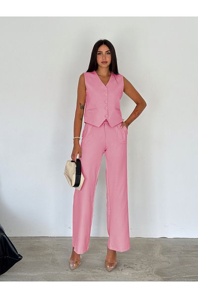 diaves Pink Modern V-Neck Suit - Vest and Palazzo Trousers