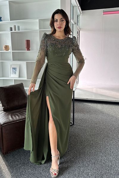İyem Abiye Stone Embroidered Long Tulle Sleeve and Allerli Crepe Design Evening Dress Full Pattern