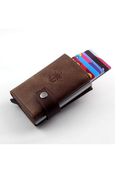 Ancora Leather Мъжки портфейл - естествена кожа, автоматичен държач за карти, механизъм, закопчалка с кафяв цвят