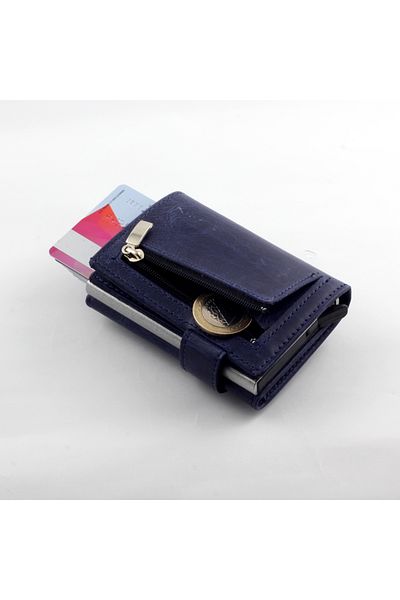 Ancora Leather Portofel pentru bărbați din piele naturală albastru bleumarin - Suport automat pentru carduri cu mecanism de fixare rapidă