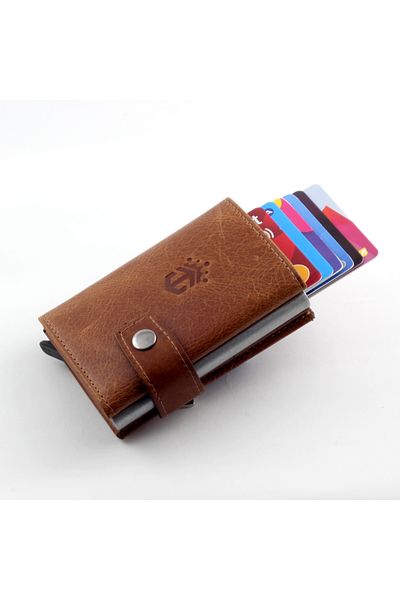 Ancora Leather Genuine Leather Crazy Leather Men's Wallet with Automatic Card Holder Mechanism Tan Snap Fastener
