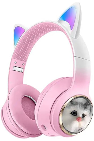 Genel Markalar Kız Çocuk Pembe Renk Kedi Kulaklıklı Kulak Üstü Kulaklık Renkl...