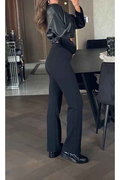 naymanlife Women's Black Front Striped Elastic Waist High Waist Pipe Leg Palazzo Crepe Trousers