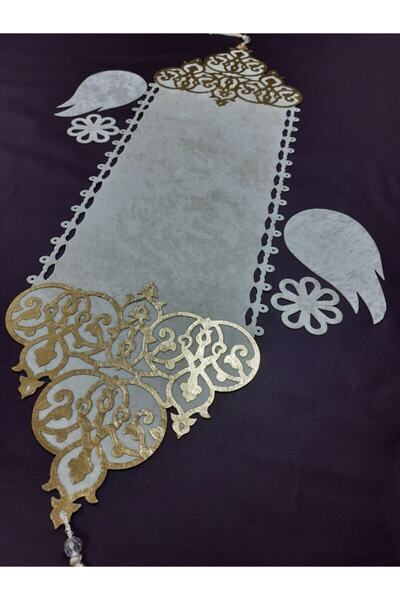 SEHARA Runner/100x31cm/kadife/üzeri Varak Işlemeli/1 Adet/2 Adet Lale,2 Adet Çiçek Motifi Hediye