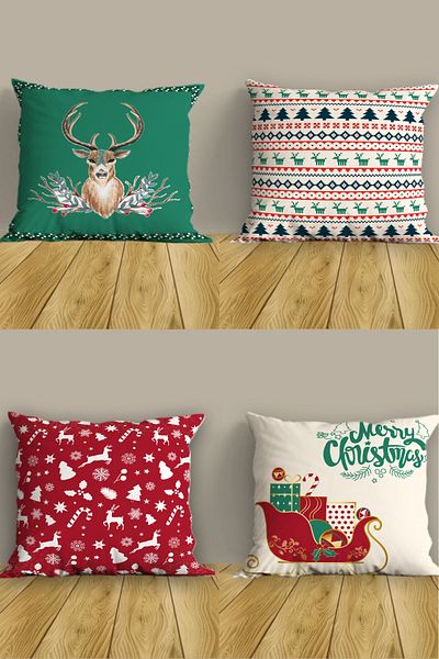 Belle Benoit Set de huse de pernă cu 4 locuri decorative cu imprimeu dublu cu design roșu de Anul Nou