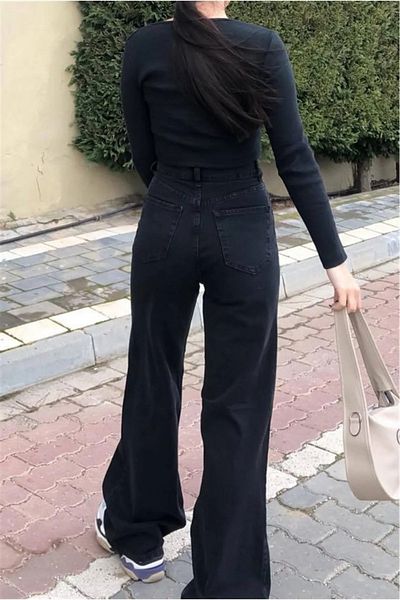 BİENAL BUTİK High Waist Black Stretchy Lycra Jeans - Loose Jeans Palazzo