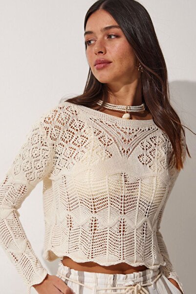 Naliru Ajurlu Delikli Kayık Yaka Uzun Kollu Bohem Günlük Yazlık Rahat Kalıp Ş...