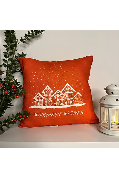 DECO Warmest Wishes Slogan Home Patterned Orange Throw Pillow Cover