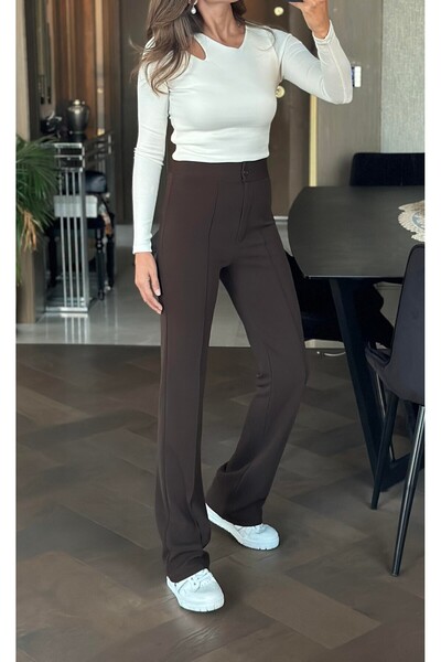 naymanlife Women's Brown Front Striped Elastic Waist High Waist Pipe Leg Pala...