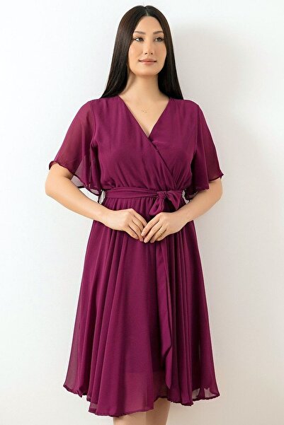 Genel Markalar Kısa Salaş Tül Kollu Kruvaze Yaka Astarlı Beli Lastikli Kuşakl...