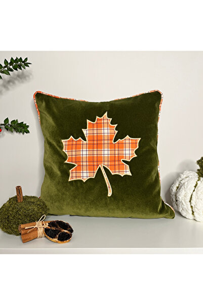 DECO Ekose Yaprak Aplike Yeşil Lüks Kadife Kırlent Kılıfı