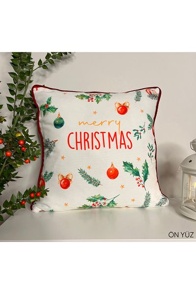 DECO Burgundy Corded Merry Christmas Slogan Decorative Throw Pillow Cover