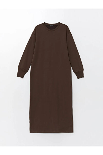 LC Waikiki LCW Modest Koyu Kahverengi Bisiklet Yaka Kadın Sweatshirt Elbise