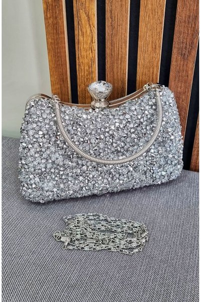 GP GUES POLO Women's Silver Crystal Large Stone Evening Dress Bag Special Occasion Bag