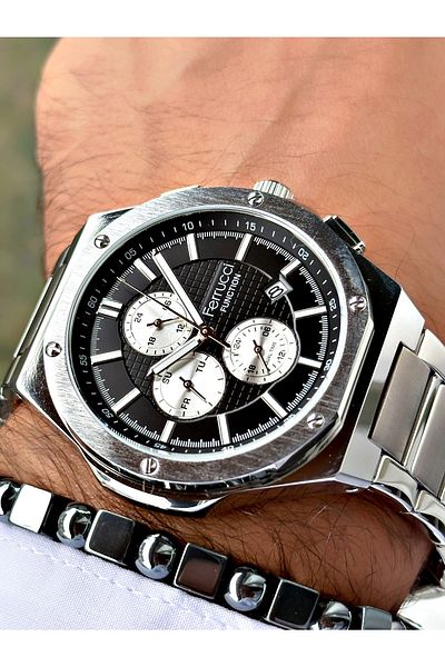 Ferrucci Silver Color Steel Cord Functions Active Men's Wrist Watch + Bracelet