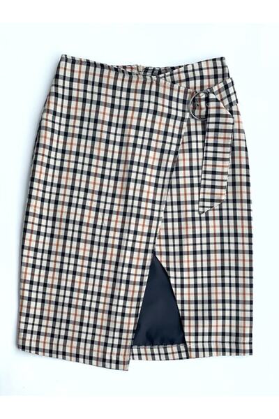 Şahika Gürkan To The Moon & Sun Bej Pötikare Yırtmaç Kareli Etek