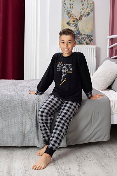 Mutlu City Yeni Sezon Sonbahar/Kış Erkek Çocuk Skate Desenli Polar Pijama Takımı 4515