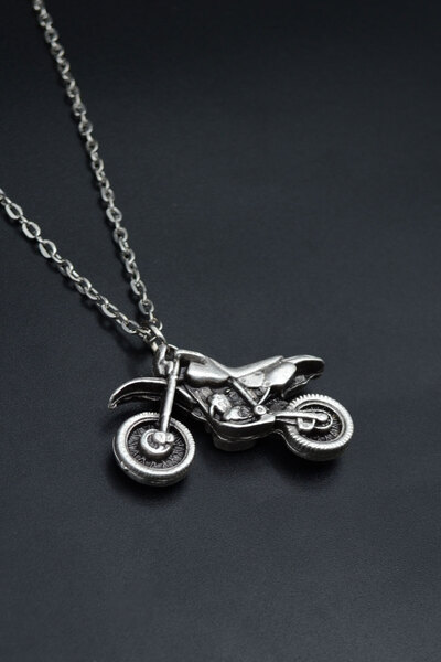 Had Safha Cross Motor Gümüş Kaplama Unisex Düz Zincir Kolye kod 791