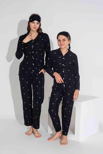 Mutlu City Set semišového pyžama s hvězdným vzorem - Dívka, Podzim/Zima, Matka - 2724-10 Černá
